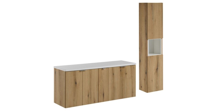Ensemble VANO chêne et blanc 170cm : meubles sous vasque, plan pour vasque et colonne