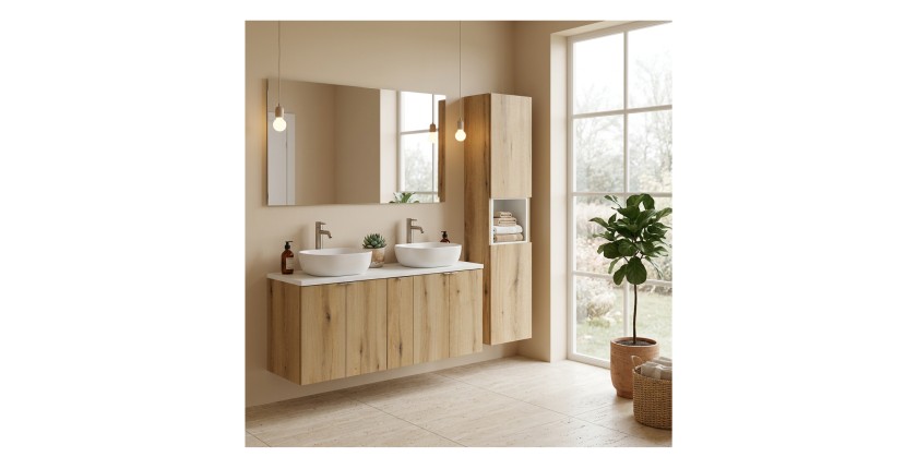 Ensemble VANO chêne et blanc 170cm : meubles sous vasque, plan pour vasque et colonne mis en situation