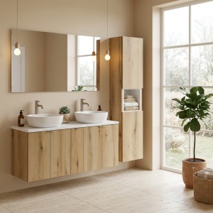 Ensemble VANO chêne et blanc 170cm : meubles sous vasque, plan pour vasque et colonne mis en situation