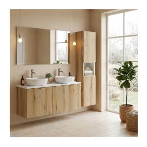 Ensemble VANO chêne et blanc 170cm : meubles sous vasque, plan pour vasque et colonne mis en situation