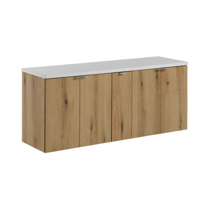 Conjunto de baño suspendido VANO aspecto roble y blanco 140cm: muebles bajo lavabo con armarios + encimera para lavabo