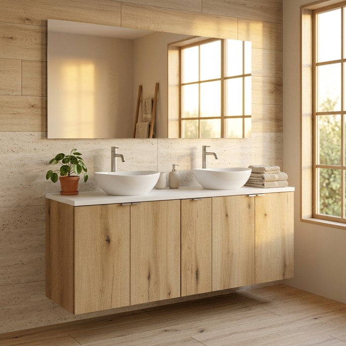 Conjunto de baño suspendido VANO aspecto roble y blanco 140cm: muebles bajo lavabo con armarios + encimera para lavabo