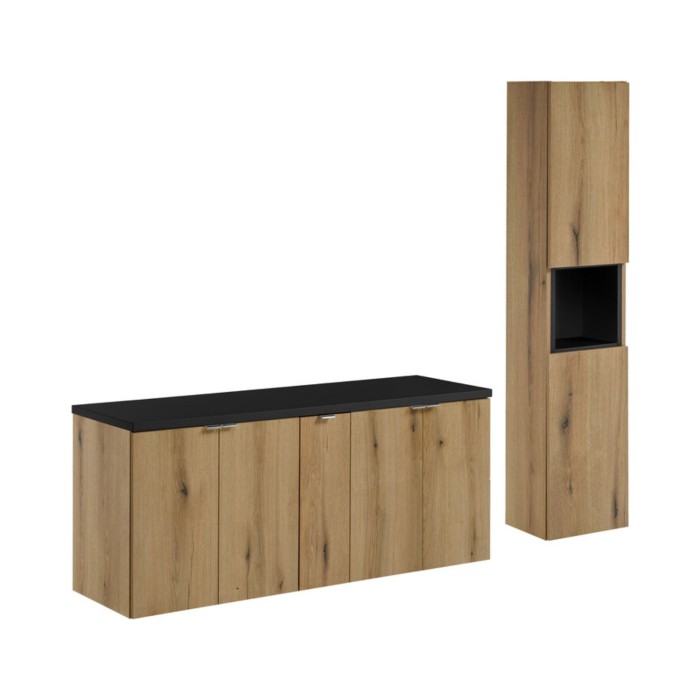 Schwebendes Badezimmer-Set VANO in Eichen- und Schwarzoptik 170cm: Unterschränke mit Schranktüren + Waschtischplatte + Hochschra