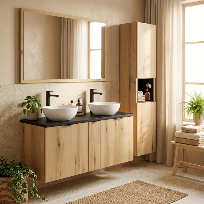 Schwebendes Badezimmer-Set VANO in Eichen- und Schwarzoptik 170cm: Unterschränke mit Schranktüren + Waschtischplatte + Hochschra