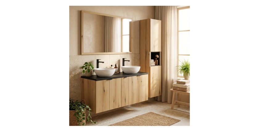 Ensemble VANO chêne et noir 170cm : meubles sous vasque, plan pour vasque et colonne mis en situation