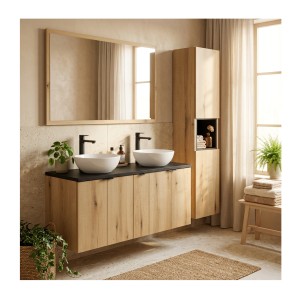 Ensemble VANO chêne et noir 170cm : meubles sous vasque, plan pour vasque et colonne mis en situation