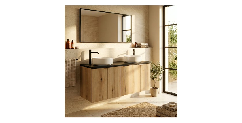 Ensemble VANO chêne et noir 140cm : meubles sous vasque chêne et plan pour vasque noir mis en situation