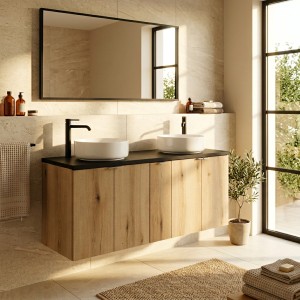 Ensemble VANO chêne et noir 140cm : meubles sous vasque chêne et plan pour vasque noir mis en situation