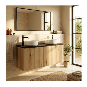 Ensemble VANO chêne et noir 140cm : meubles sous vasque chêne et plan pour vasque noir mis en situation