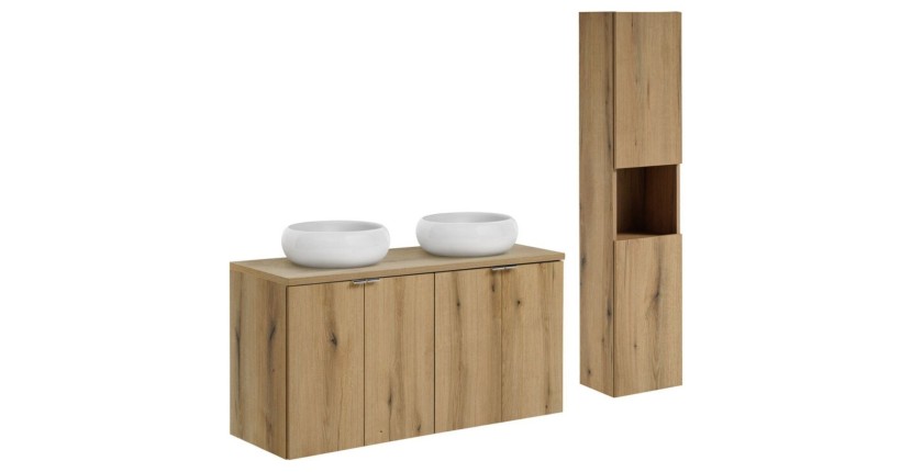 Ensemble VANO chêne 150cm : meubles sous vasque, plan pour vasque, vasques à poser rondes, colonne