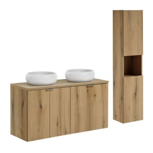 Ensemble VANO chêne 150cm : meubles sous vasque, plan pour vasque, vasques à poser rondes, colonne