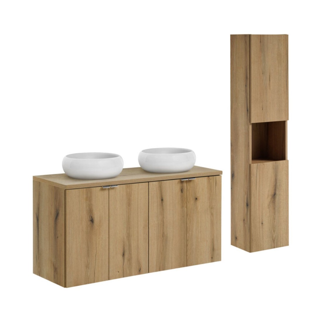 Ensemble VANO chêne 150cm : meubles sous vasque, plan pour vasque, vasques à poser rondes, colonne