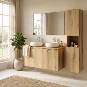 Ensemble VANO chêne 150cm : meubles sous vasque, plan pour vasque, vasques à poser rondes, colonne mis en situation