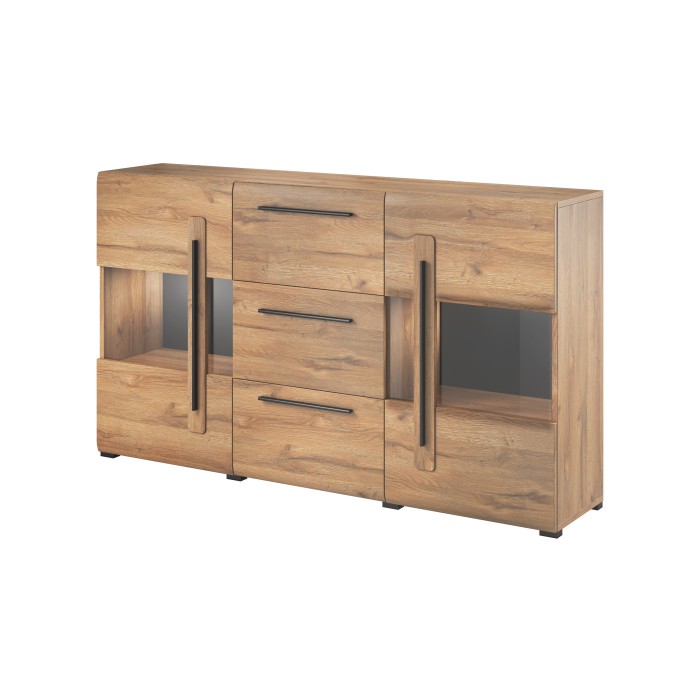 Buffet BREDA 180 cm – mobile design in rovere con LED, porte parzialmente vetrate e 3 cassetti