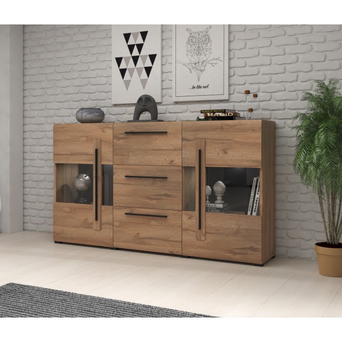 Buffet BREDA 180 cm – mobile design in rovere con LED, porte parzialmente vetrate e 3 cassetti