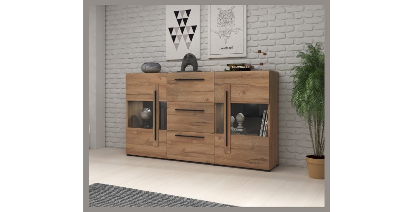Buffet BREDA 180 cm – Designer-Möbel aus Eiche mit LED, teilweise verglasten Türen und 3 Schubladen