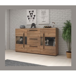 Buffet BREDA 180 cm – Designer-Möbel aus Eiche mit LED, teilweise verglasten Türen und 3 Schubladen