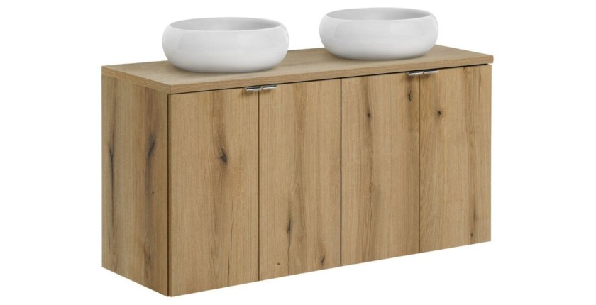 Ensemble VANO chêne 120cm : meubles sous vasque à placards, plan pour vasque et vasques à poser ronde