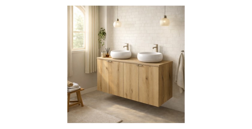 Ensemble VANO chêne 120cm : meubles sous vasque à placards, plan pour vasque et vasques à poser ronde mis en situation