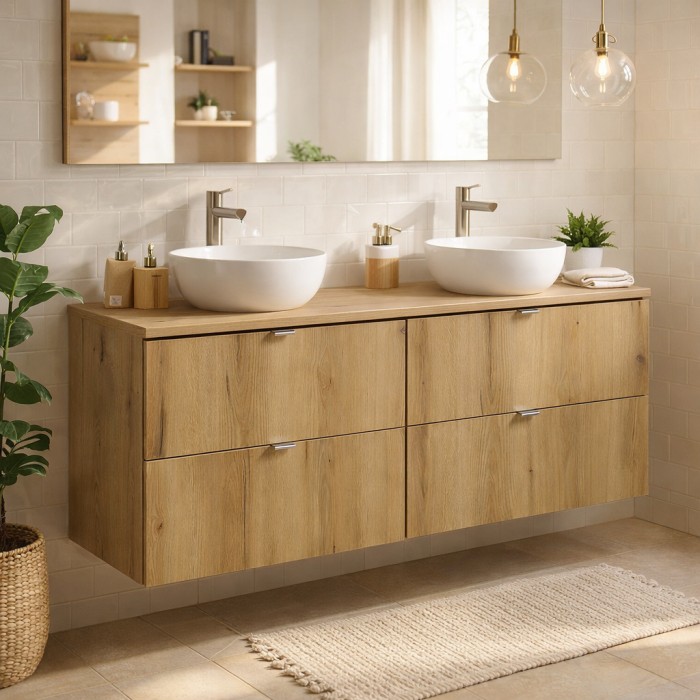 Ensemble VANO 120cm : meubles sous vasque à tiroirs et plan pour vasque mis en situation