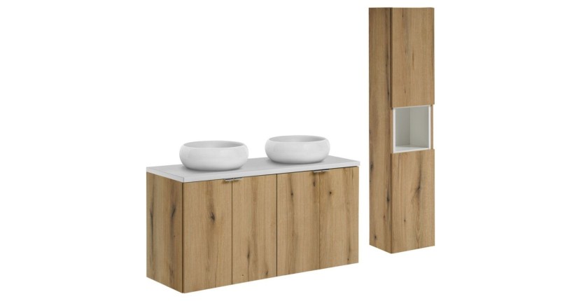 Ensemble VANO 150cm chêne et blanc : meubles sous vasque, plan pour vasque, vasques à poser, colonne