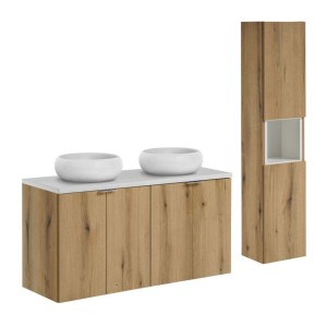 Ensemble VANO 150cm chêne et blanc : meubles sous vasque, plan pour vasque, vasques à poser, colonne