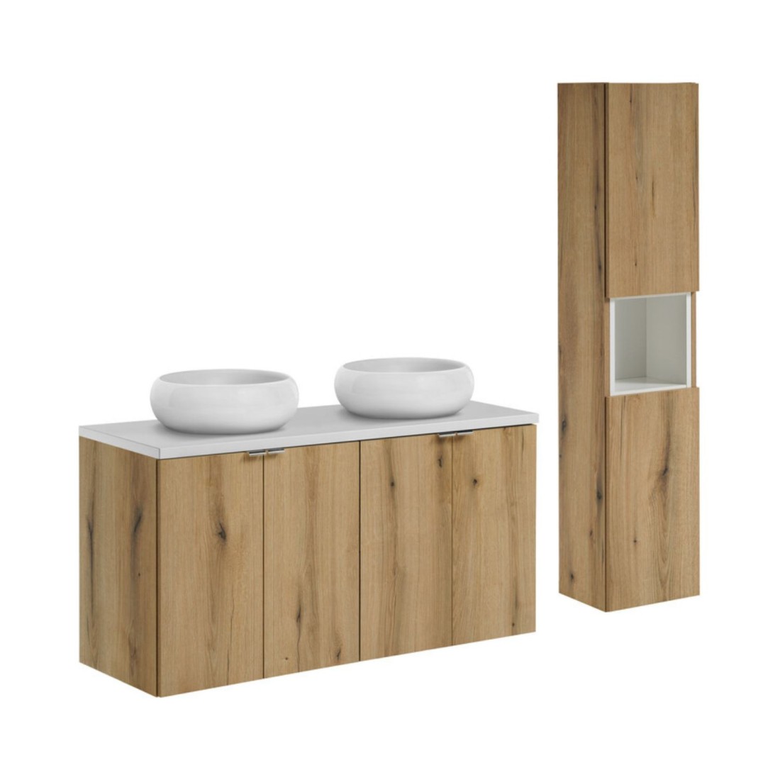 Ensemble VANO 150cm chêne et blanc : meubles sous vasque, plan pour vasque, vasques à poser, colonne