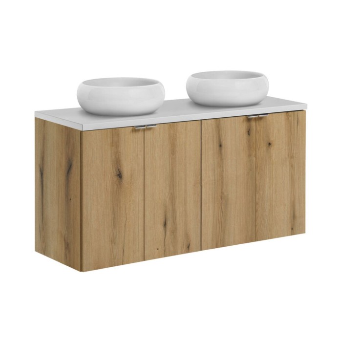 Conjunto VANO aspecto roble y blanco 120cm: muebles bajo lavabo con armarios + encimera para lavabo + lavabos sobre encimera red