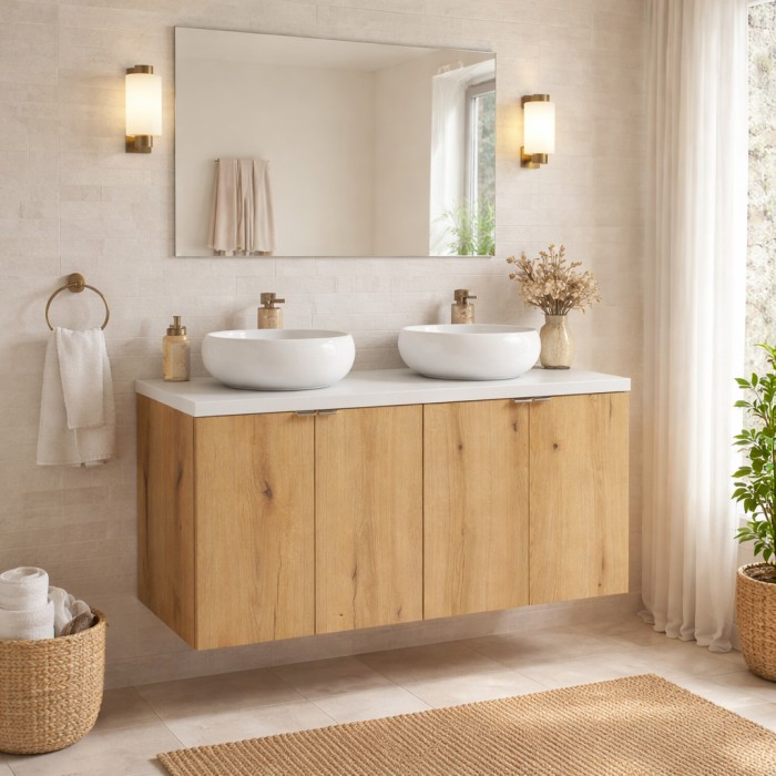 Conjunto VANO aspecto roble y blanco 120cm: muebles bajo lavabo con armarios + encimera para lavabo + lavabos sobre encimera red