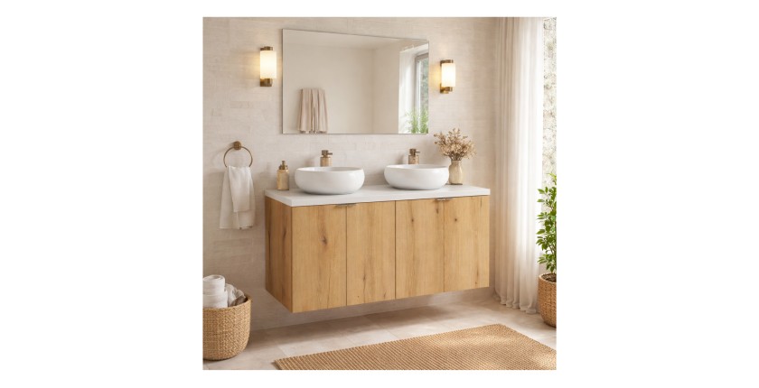 Ensemble VANO chêne et blanc 120cm : meubles sous vasque, plan pour vasque et vasques à poser mis en situation