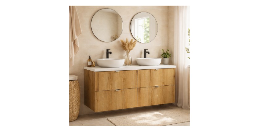 Ensemble de salle de bain suspendu VANO aspect chêne et blanc 120cm : meubles sous vasque à tiroirs + plan pour vasque