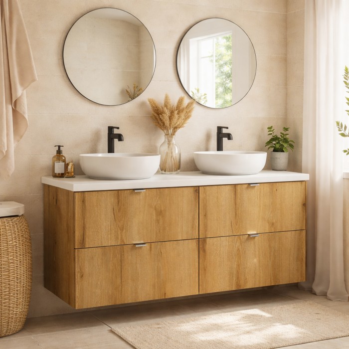 Set da bagno sospeso VANO in rovere e bianco 120cm: mobile sottolavabo con cassetti + piano per lavabo