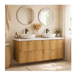 Ensemble VANO 120cm chêne et blanc : meubles sous vasque à tiroirs et plan pour vasque mis en situation