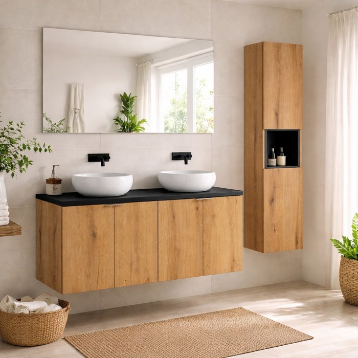 <Ensemble VANO aspect eiken en zwart 150cm: meubelonderkasten met kastdeuren + blad voor wastafel + ronde opbouwwastafels + kolo