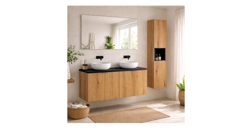 ensemble VANO 150cm chêne et noir : meubles sous vasque, plan pour vasque, vasques à poser et colonne mis en situation