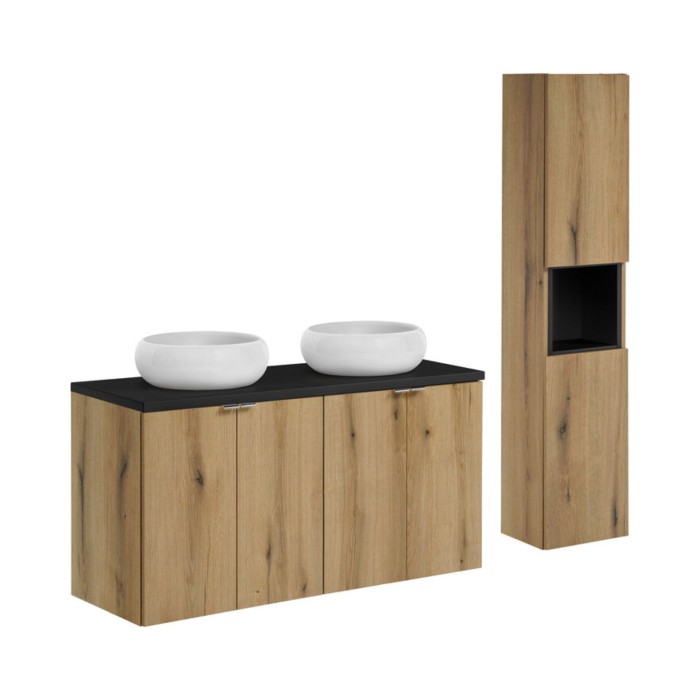 <Ensemble VANO aspect eiken en zwart 150cm: meubelonderkasten met kastdeuren + blad voor wastafel + ronde opbouwwastafels + kolo