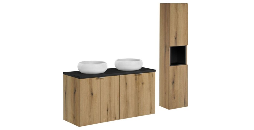 <Ensemble VANO aspect eiken en zwart 150cm: meubelonderkasten met kastdeuren + blad voor wastafel + ronde opbouwwastafels + kolo