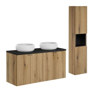 ensemble VANO 150cm chêne et noir : meubles sous vasque, plan pour vasque, vasques à poser et colonne