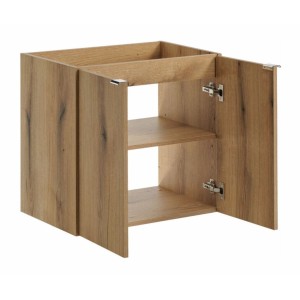 <Ensemble VANO aspect eiken en zwart 150cm: meubelonderkasten met kastdeuren + blad voor wastafel + ronde opbouwwastafels + kolo
