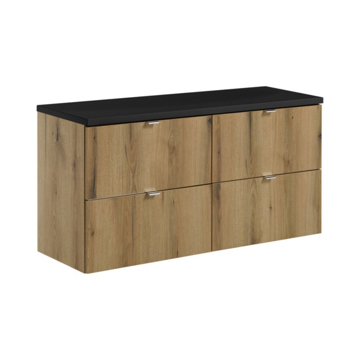 Conjunto de baño suspendido VANO aspecto roble y negro 120cm: muebles bajo lavabo con cajones + encimera para lavabo
