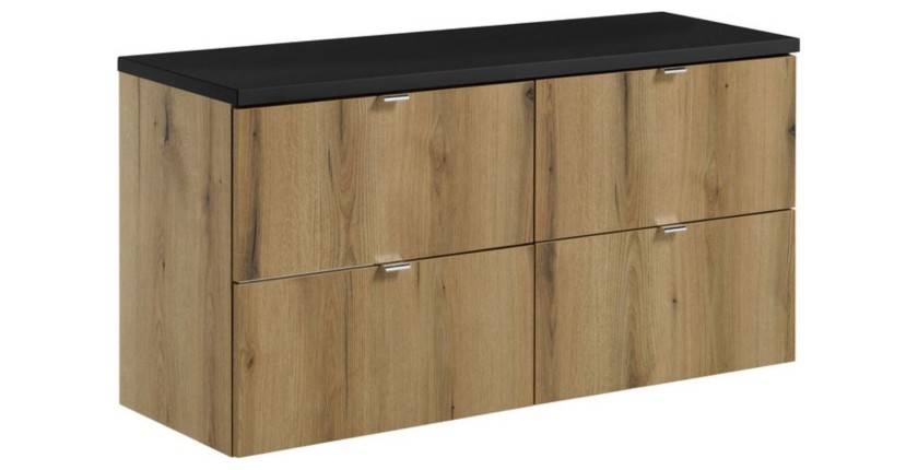 Ensemble VANO chêne et noir 120cm : meubles sous vasque à tiroirs et plan pour vasque noir