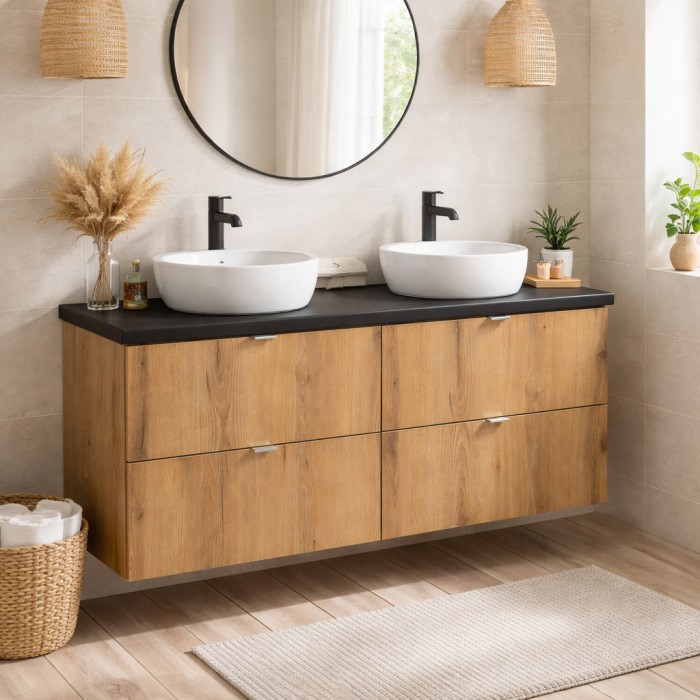 Conjunto de baño suspendido VANO aspecto roble y negro 120cm: muebles bajo lavabo con cajones + encimera para lavabo