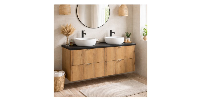 Ensemble VANO chêne et noir 120cm : meubles sous vasque à tiroirs et plan pour vasque noir mis en situation