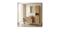 Ensemble VANO 90cm chêne : meuble sous vasque, plan pour vasque, vasque à poser et colonne mis en situation