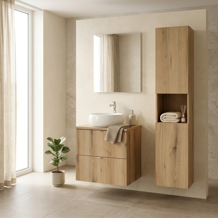 Ensemble VANO 90cm chêne : meuble sous vasque, plan pour vasque, vasque à poser et colonne mis en situation