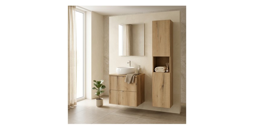 Ensemble VANO 90cm chêne : meuble sous vasque, plan pour vasque, vasque à poser et colonne mis en situation