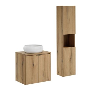 Ensemble VANO chêne 90cm : meuble sous vasque à placards, plan pour vasque, vasque à poser et colonne