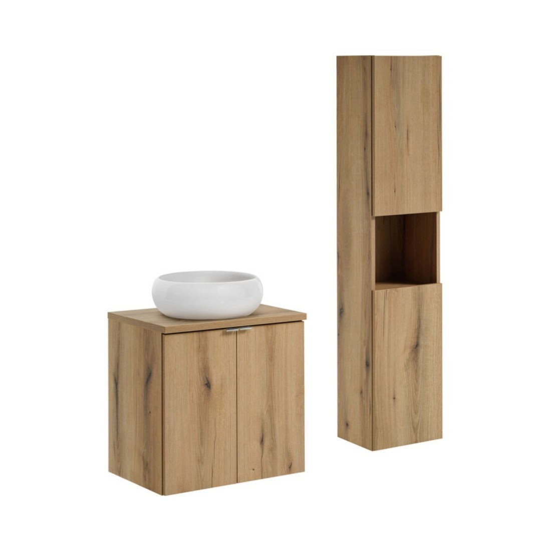 Ensemble VANO chêne 90cm : meuble sous vasque à placards, plan pour vasque, vasque à poser et colonne