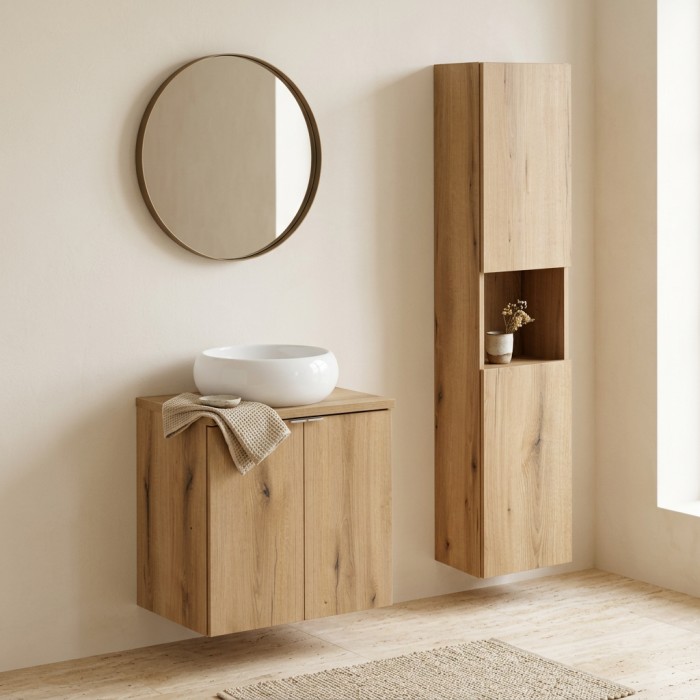 Ensemble VANO chêne 90cm : meuble sous vasque à placards, plan pour vasque, vasque à poser et colonne mis en situation