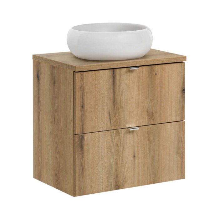 Ensemble VANO chêne 60cm : meuble sous vasque à tiroirs, plan pour vasque et vasque à poser ronde